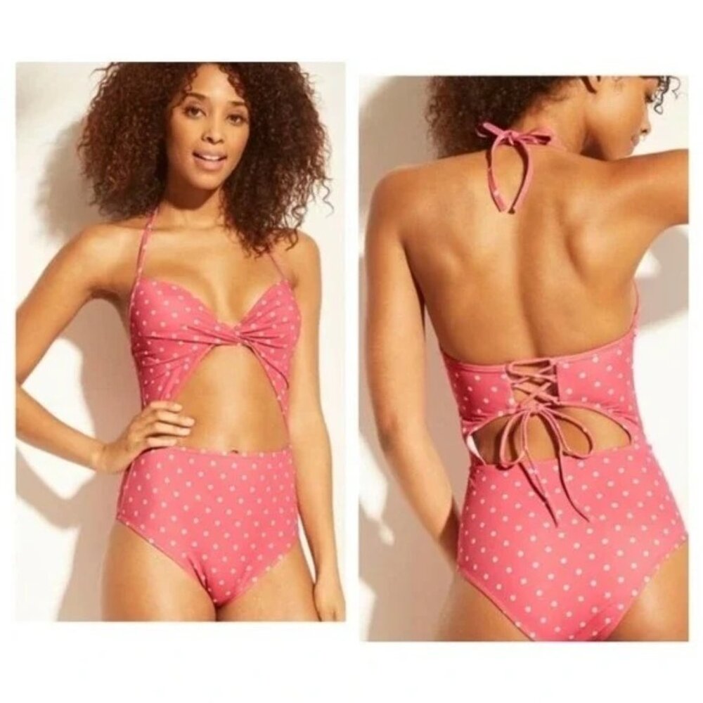 Shade & Shore Pink Polka Dot One Piece Cutout Swimsuit -‎ 34DD Molded Cups